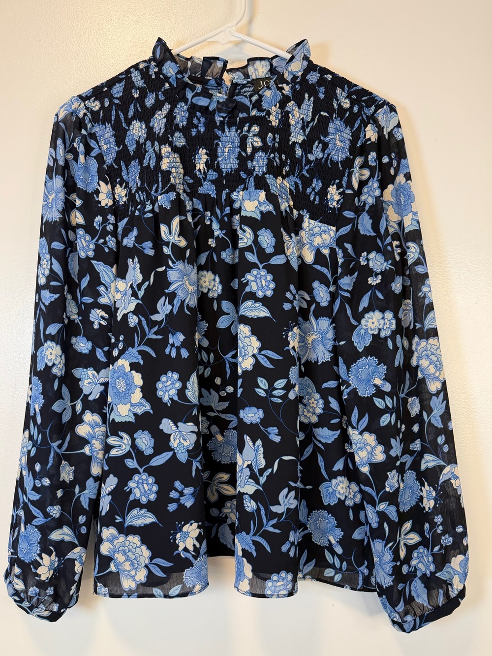 J. Crew Ruffleneck chiffon top midnight-blue‎ floral Long Sleeve Women’s Large